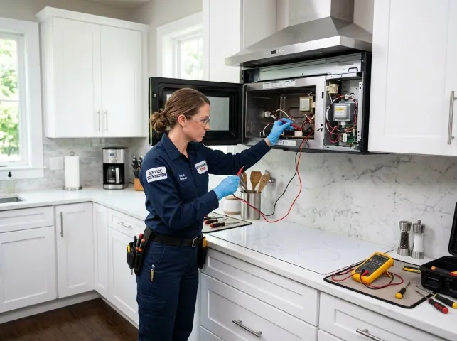 Appliance Repair Hero technician testing an over-the-range microwave in a Brooke, VA kitchen